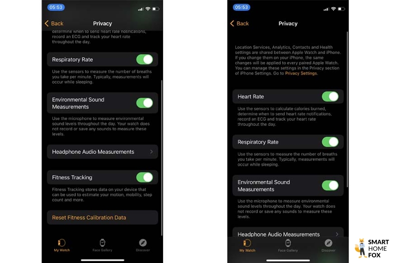 Man sieht die Privatsphäre-Einstellungen in der Watch App.